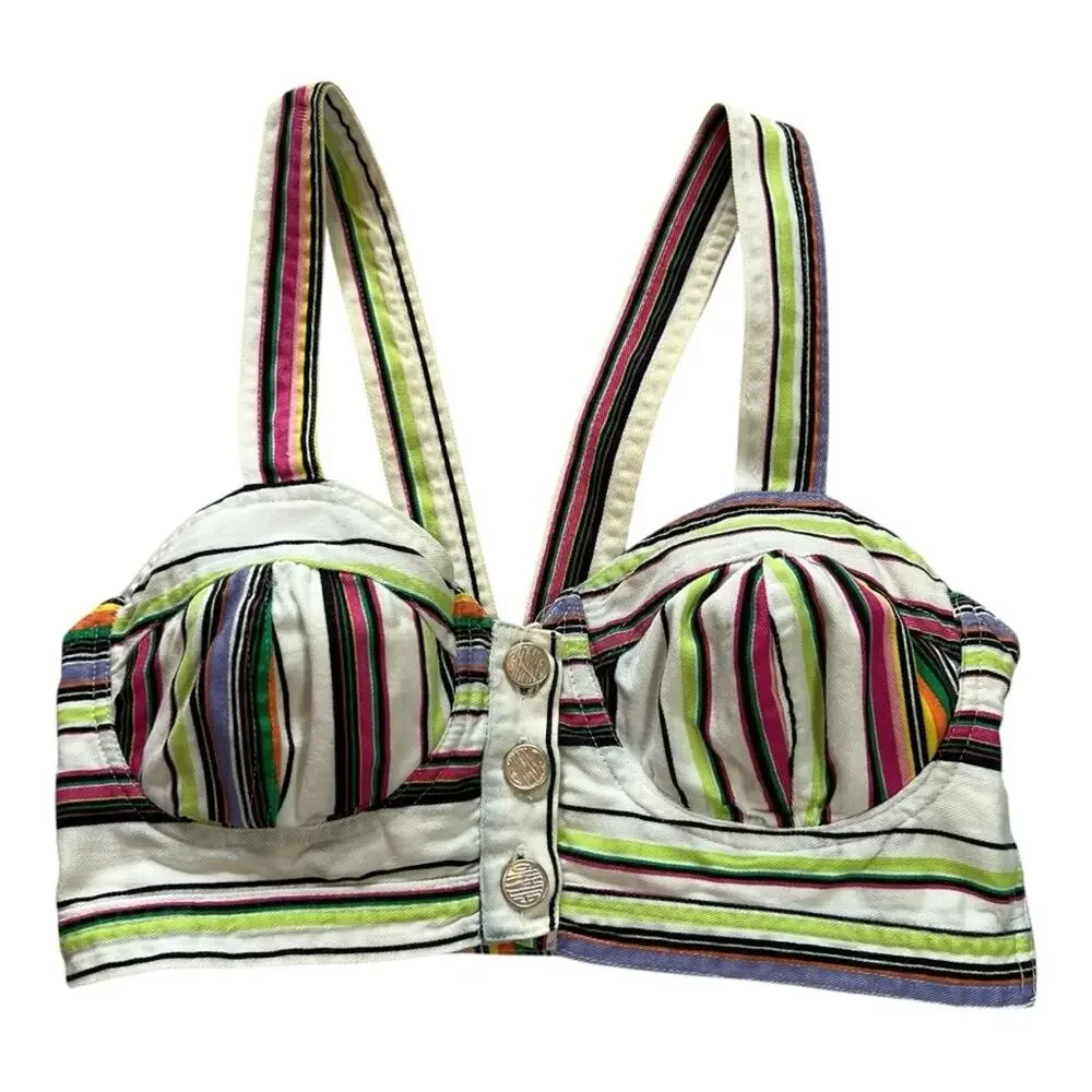 VINTAGE GITANO Multi Color Striped Cotton Bustier Top | S | 80s Retro Streetwear - Picture 3 of 13
